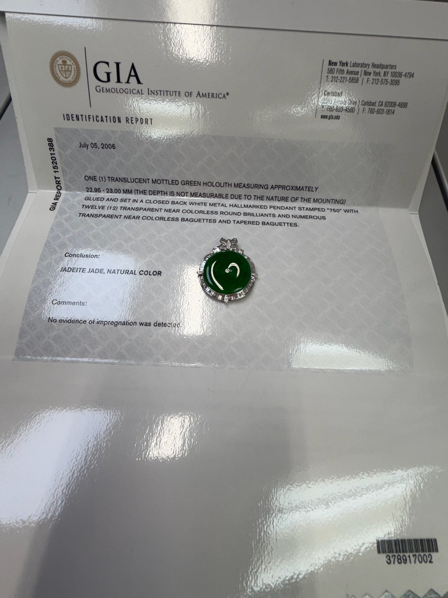 GIA Certified Natural Jadeite Jade Pendant – Translucent Mottled Green, Diamond Halo (18K White Gold)