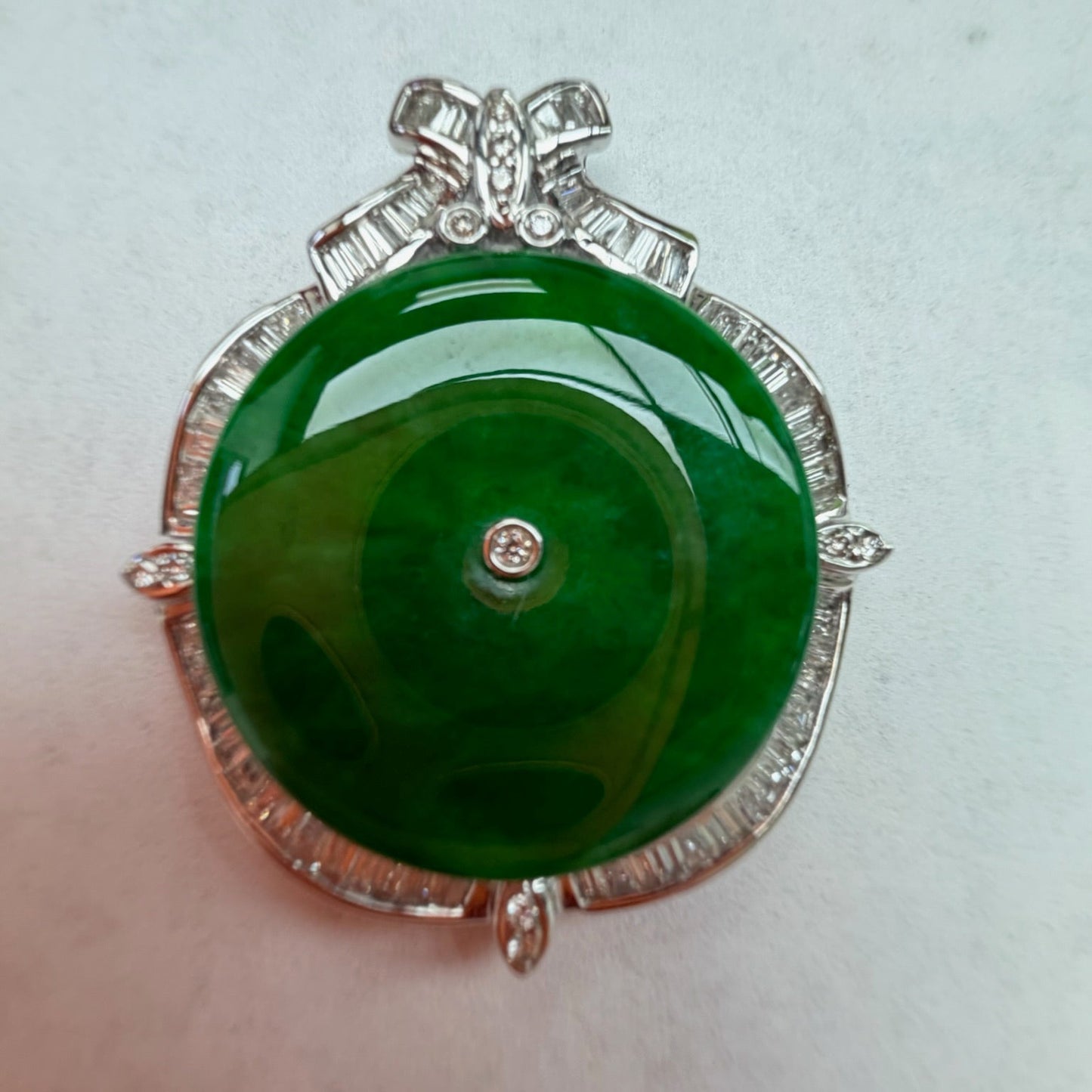 GIA Certified Natural Jadeite Jade Pendant – Translucent Mottled Green, Diamond Halo (18K White Gold)
