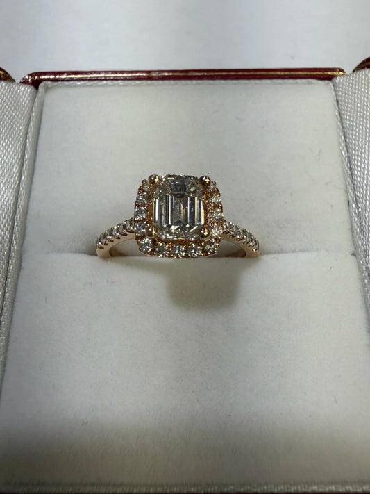 Rose Gold Emerald Cut Diamond Halo Ring with Pave